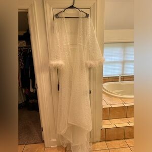 Bridal Elegant White Sheer Robe with Feather Trim